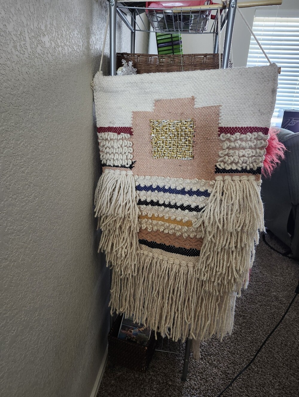 Handcrafted Woven Fringe Wall Tapestry - Cream & Pink Accent